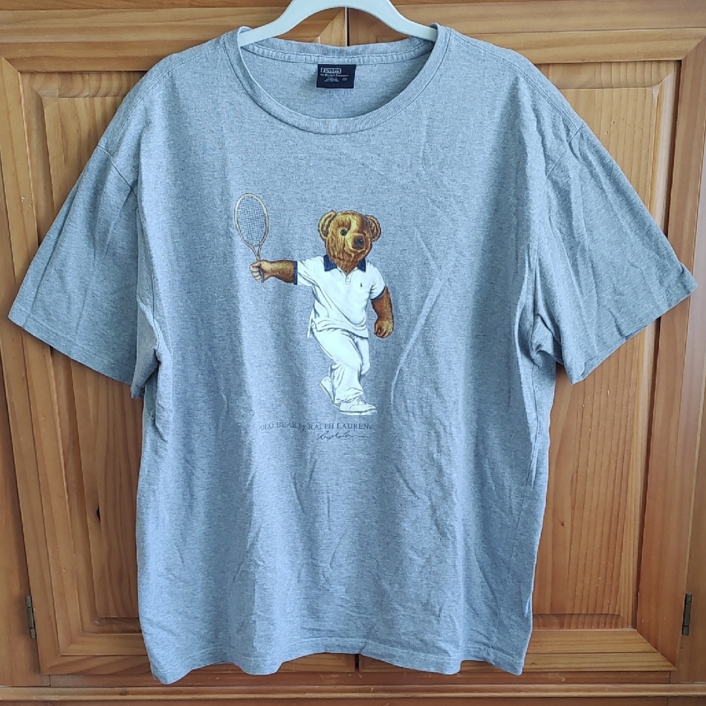 Polo Ralph Lauren Tennis Bear Tee Shirt Gray Cotton Men's